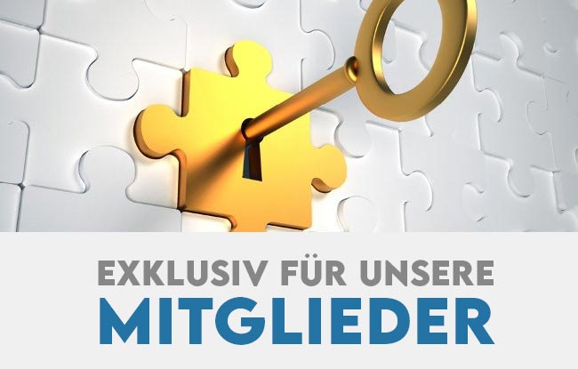 Computergenerierte Darstellung eines Schlüssels in einem Schloss, mit dem Text 'Exklusiv für unsere Mitglieder'.